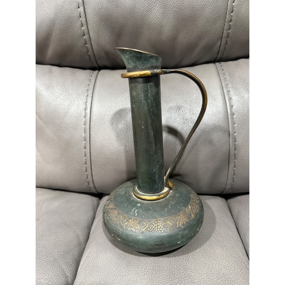 Vintage Pal-Bell Israel Brass Pitcher Verdigris Patina Etched Grapevine 1950s